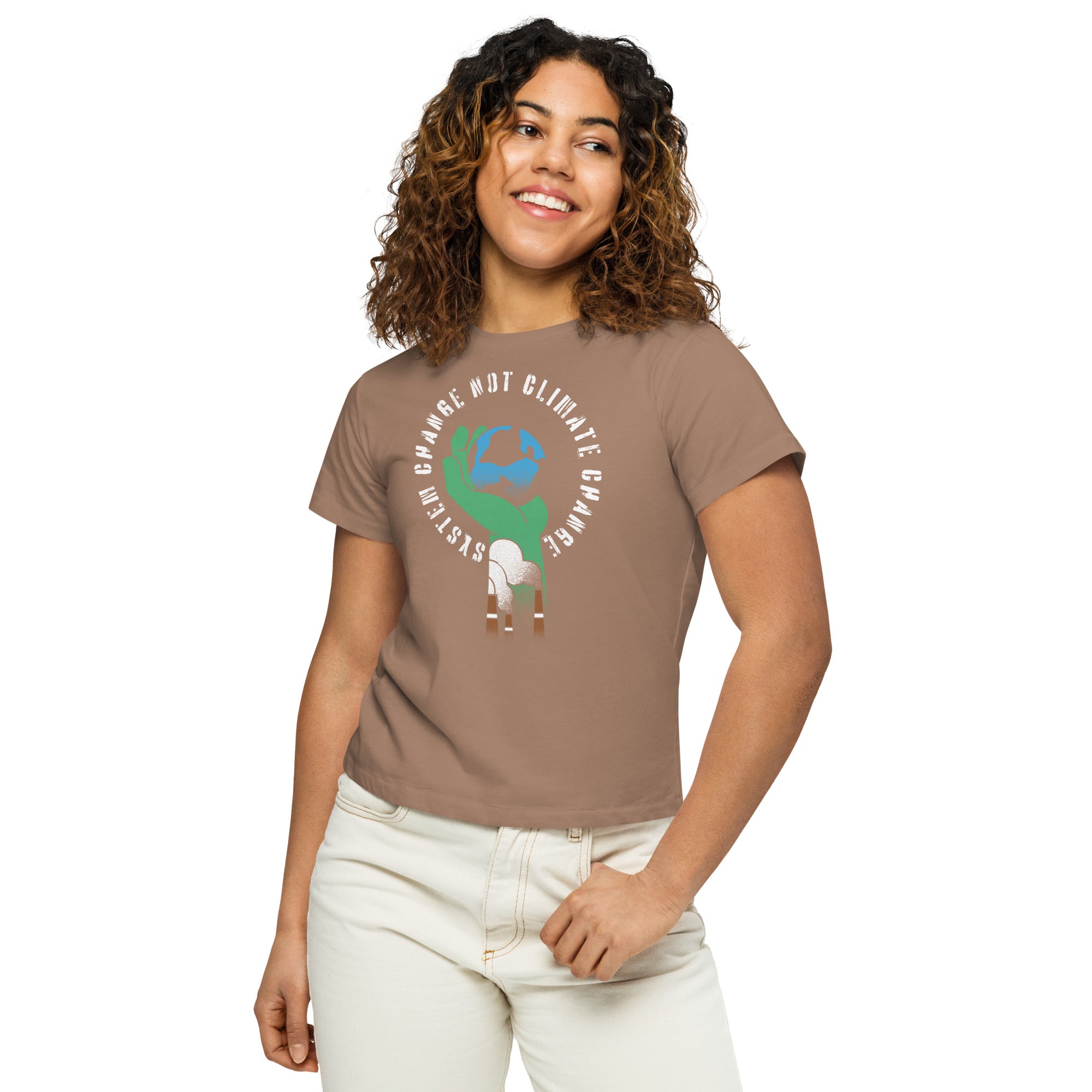 "System Change Not Climate Change" Women’s High-Waisted T-Shirt